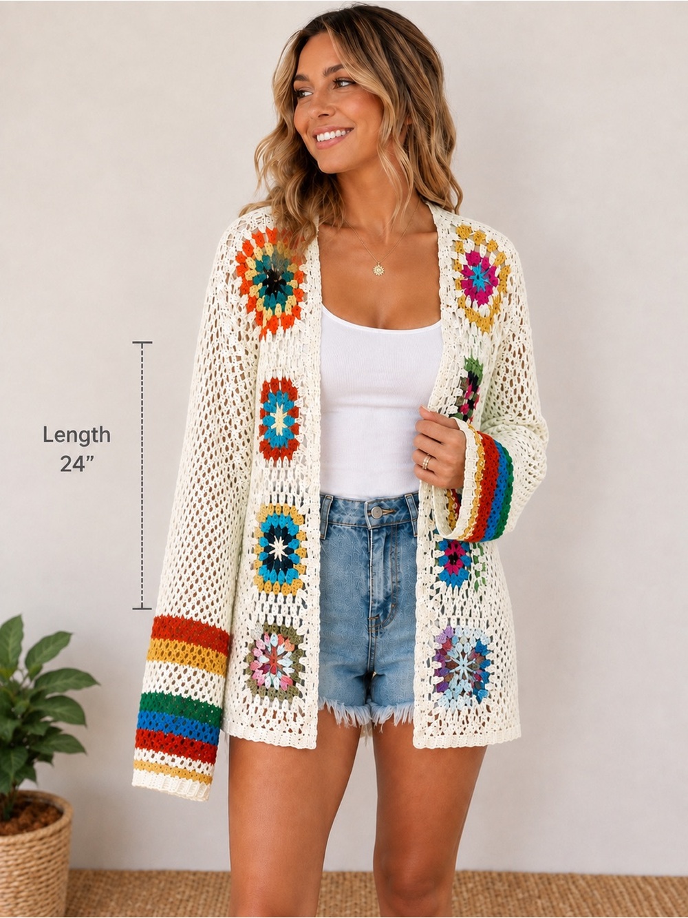 Boutique XL Crochet Granny Square Cardigan Boho Bell Sleeve Open Knit